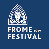 Frome festival logo on a navy blackground with an image in white of the emblem featuring St Aldhelm