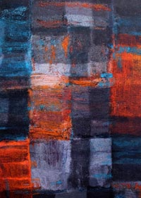 Textile work featuring large patches of colour. Blues, greys, reds and orange.