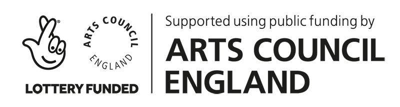 Supported using public funding by Arts Council England. Featuring a hand with the index and middle fingers crossed. Logo in black.