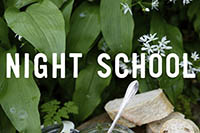 Hostas, wild garlic, bread and a silver spoon. Words over the top read 'night school'