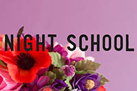 Flowers and sparkly pom poms in front of a mauve background. Words over the top read 'night school'