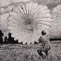 Etching showing a soldier with a parachute which is inflated by the wind.