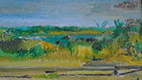 Painting of a sunny somerset path with water in the background. Vivid yellows and greens.