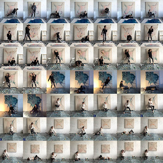 49 small photographs of an artist creating artwork assembled in rows of 7