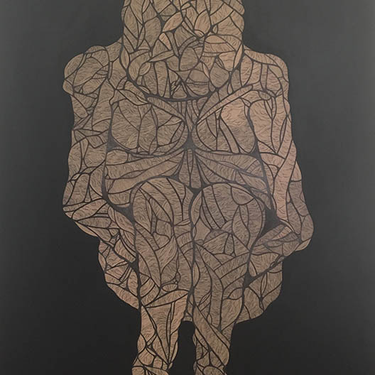 painting of a figure crouched down and made from twisted branches