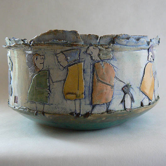 ceramic bowl with hooded figures and a penguin