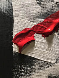 Thick paint on canvas, red on top of white and black streaks. Abstract and textured lines.