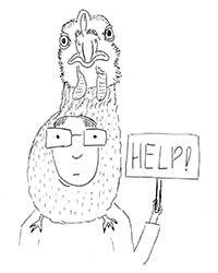 A drawing of a man wearing a chicken hat and holding a sign saying 'help'.