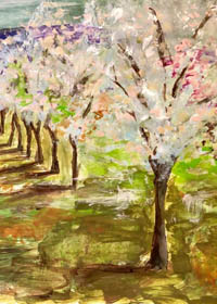 Painting of an orchard with the trees casting shadows