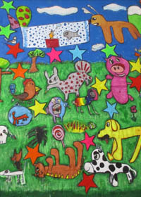 Brightly coloured drawing of animals