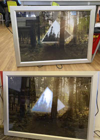 Two photographs showing a pyramid in the woods, reflecting the trees around it