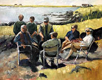 A group of people sit on deckchairs by a lake