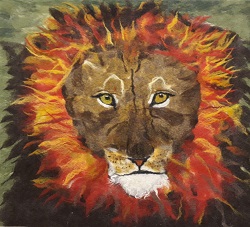 Portrait of a male lion made with felt.