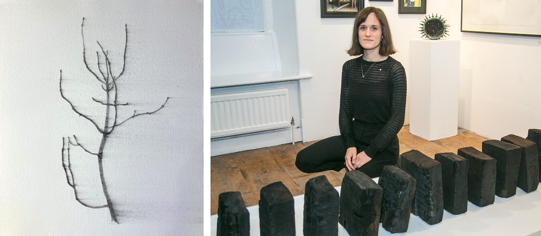 Two images. One featuring Lottie Scott posed in front of one of her charcoal sculptures and the other a charcoal drawing of a branch..